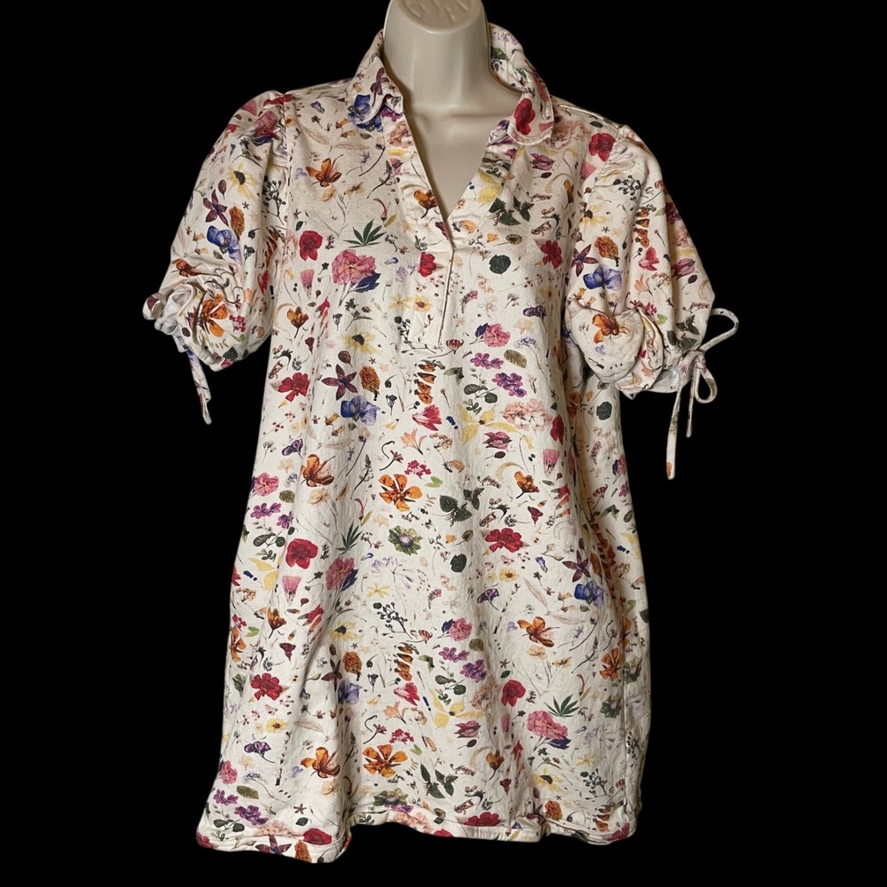 Entro Floral Puff Sleeve Mini Dress Large Ivory Wildflower Denim D30881 Boho